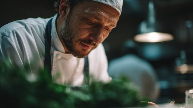 A dedicated Caucasian male chef crafts culinary artistry, evoking the warmth of Bonfire Night and the allure of Gourmet Escape