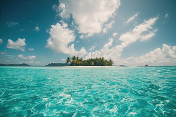 Obraz na płótnie Canvas Scenic vista of a tropical atoll with clear waters and sandy shores under a bright sky