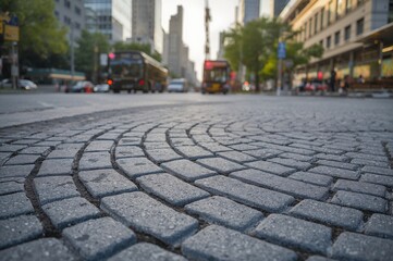 Grey paving stones arranged in a semi-circular design on the sidewalk and road.