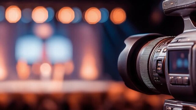 Capturing the moment: A professional video camera recording an event with a soft focus backdrop of an event space. Evoking a sense of anticipation and the excitement of live events.