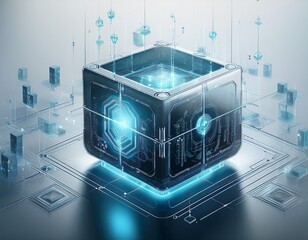 Abstract Futuristic Cube with Glowing Circuits and Data Streams.