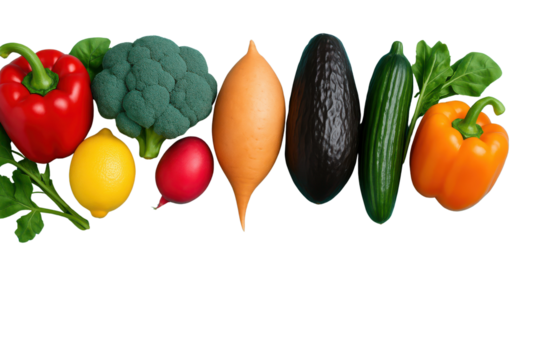 Colorful group of fresh fruits and vegetables representing healthy eating, diet, and nutrition concepts isolated PNG with Transparent Background