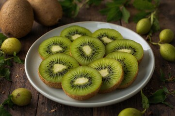 Rustic backdrop featuring a dish of vibrant green kiwis - fresh seasonal produce