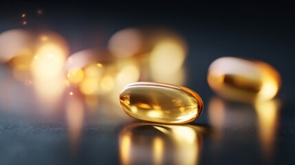 Glistening golden capsules scattered on a dark surface. Soft light highlights their glossy finish. A perfect image for wellness, health products, or nutrition. Captivating and modern. AI