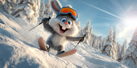 Fototapeta premium Ski Vacation Concept. A cheerful cartoon rabbit with ski gear skiing down a snowy slope. A vibrant winter scene perfect for kids, families, and holiday-themed projects. Generative Ai.