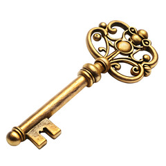 Antique ornate brass key isolated on transparent background