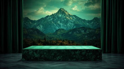 Green Podium 3D Render with Majestic Mountain Landscape for Product Display