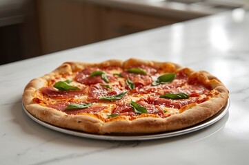 Pizza with cured ham and fresh basil leaves