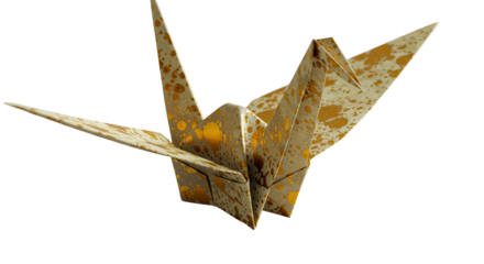 Traditional Japanese paper craft origami crane with golden metallic distressed texture and design isolated PNG with Transparent Background