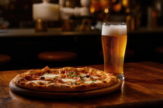Glass of beer beside a pizza on the dining table