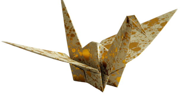 Traditional Japanese paper craft origami crane with golden metallic distressed texture and design isolated PNG with Transparent Background