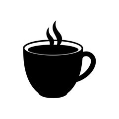 Simple black coffee cup with steam on transparent background silhouette