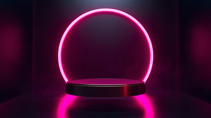 Modern 3D Render Product Display Podium with Pink Neon Arch for Futuristic Advertising