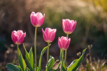 Obraz premium Bright pink tulips blossoming under the morning sun in a garden