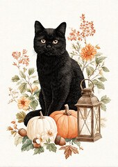Black cat with pumpkins, fall flowers and vintage lantern, Halloween watercolor illustration on white background