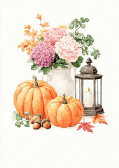 Pumpkins, acorns and peonies in ceramic vase with rustic lantern, watercolor autumn still life illustration