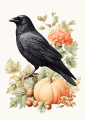 Raven perched on pumpkins with florals in autumn scene
