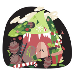 Flat style vector illustration on a New Year's theme. A cute little New Year's house with Christmas trees and decorations.