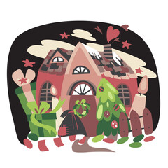 Flat style vector illustration on a New Year's theme. A cute little New Year's house with Christmas trees and decorations.