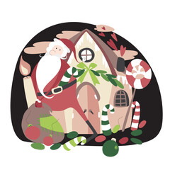 Flat style vector illustration on a New Year's theme. A cute little New Year's house with Christmas trees and decorations.