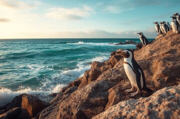 Obraz premium Birds perched on rocky shore near ocean water, natural wildlife scene, black and white animals by the sea