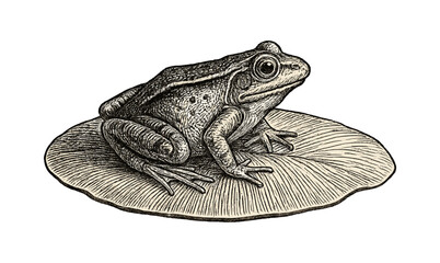 Naklejka premium Detailed hand-drawn frog on lily pad for nature and wildlife designs