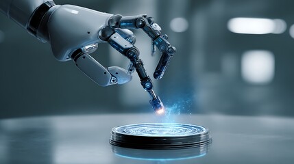 Robot hand activates a futuristic interface with glowing blue light effects