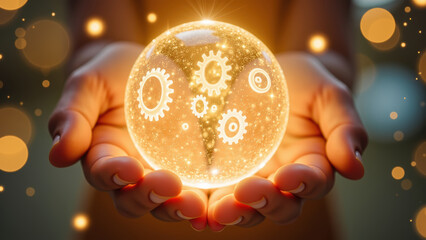 Glowing orb with gears inside is held delicately hands, symbolizing innovation and creativity. warm light and sparkles create magical atmosphere