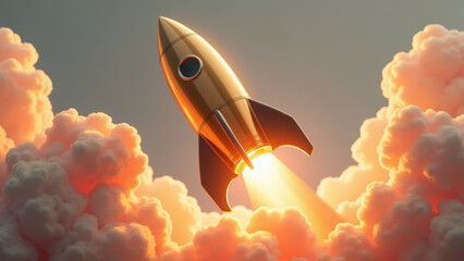 Sleek rocket launches into sky, surrounded by vibrant clouds and warm glow, symbolizing adventure and exploration