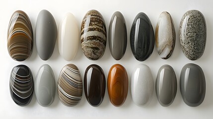 Assorted natural polished stones or pebbles in varied colors and textures arranged in rows