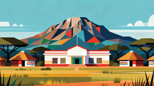 Illustration Of Mount Maloti With Traditional Bundu Houses In A Natural Atmosphere Vector Design Template