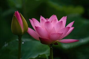 Close-up of a pink Nymphaea blossom and its bud in a garden pond, adorned with water droplets. Nature wallpaper featuring a floral scene with blurred background and space for text.