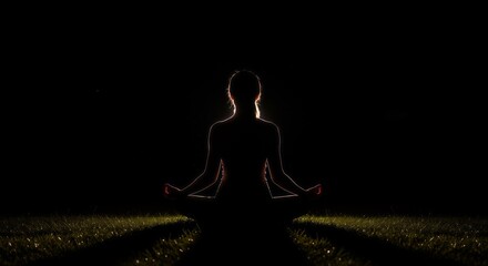 A woman's silhouette is seen in a lotus pose with a bright rim light creating a spiritual aura, photo works well for a book cover, wellness poster or meditation themes of soul and healing