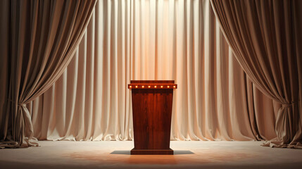 Elegant Wooden Podium 3D Render on Stage with Warm Curtains for Presentation Background