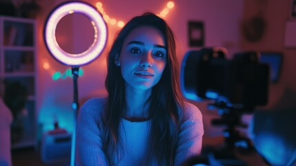 Smiling Young Woman Filming with Blue Ring Light in Home Studio