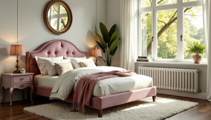 Soft velvet headboard, antique mirror, plush rug, sunlit room, interior, velvet