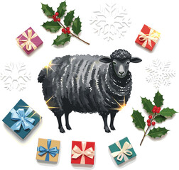 Festive Black Sheep with Winter Holiday Decorations in Watercolor Illustration.