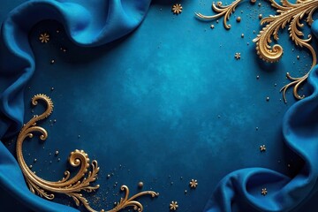Deep azure backdrop, swirling gold accents, rich texture, blue background, contemporary art, color splash