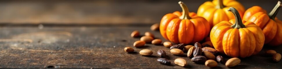 Mini pumpkins & seeds on rustic wood, autumn harvest , food, assets