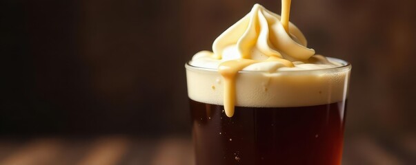Creamy vanilla ice cream melting into a glass of dark root beer , mug, brown, bubbly