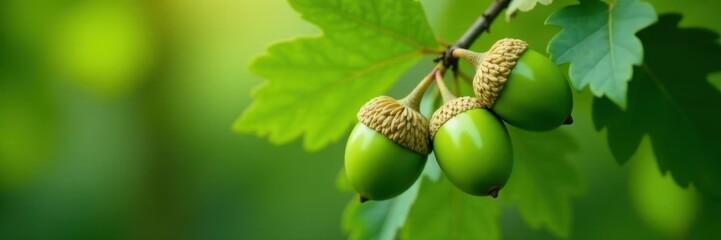 Unripe green acorns clinging to oak branch, surrounded by leaves , natural, environment, growth