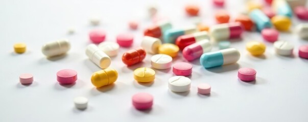 Scattered pills, various colors and sizes on white , assorted, pharmacy, health
