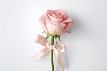 Fototapeta premium Heart-shaped ribbon tied around a pink rose on a white background