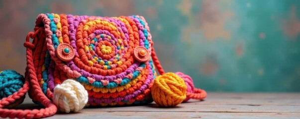 Cheerful crocheted purse, colorful balls nearby , balls, handmade, vibrant