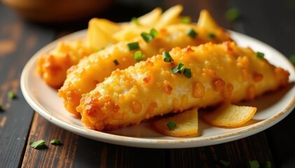 Golden fried fish, crispy batter, thick-cut chips , restaurant, oil, lunch