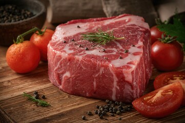 Raw Wagyu beef steak segments with pepper, tomatoes, and herbs on a rustic wooden surface in a gourmet butcher's store.