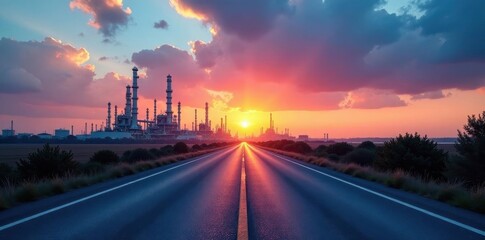 Panoramic view of long road leading to refinery complex , refinery, path, panorama