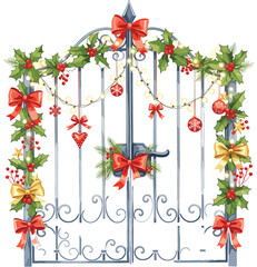 Festive Garden Gate with Holiday Décor in Watercolor Illustration