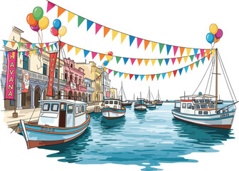 Festive Havana Waterfront with Carnival Decorations in Watercolor Illustration