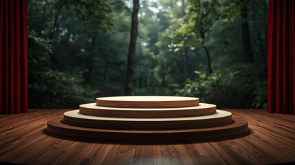 Outdoor Stage with Tiered Wooden Podium and Red Curtains Forest Background 3D Render